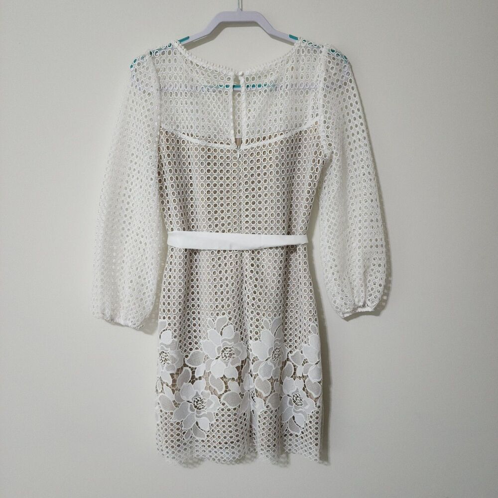 WHBM Womens Size 6 Ecru Guipure Lace Chemise Dress Tie Belt Lined Holiday - Picture 3 of 10